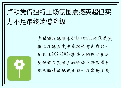 卢顿凭借独特主场氛围震撼英超但实力不足最终遗憾降级
